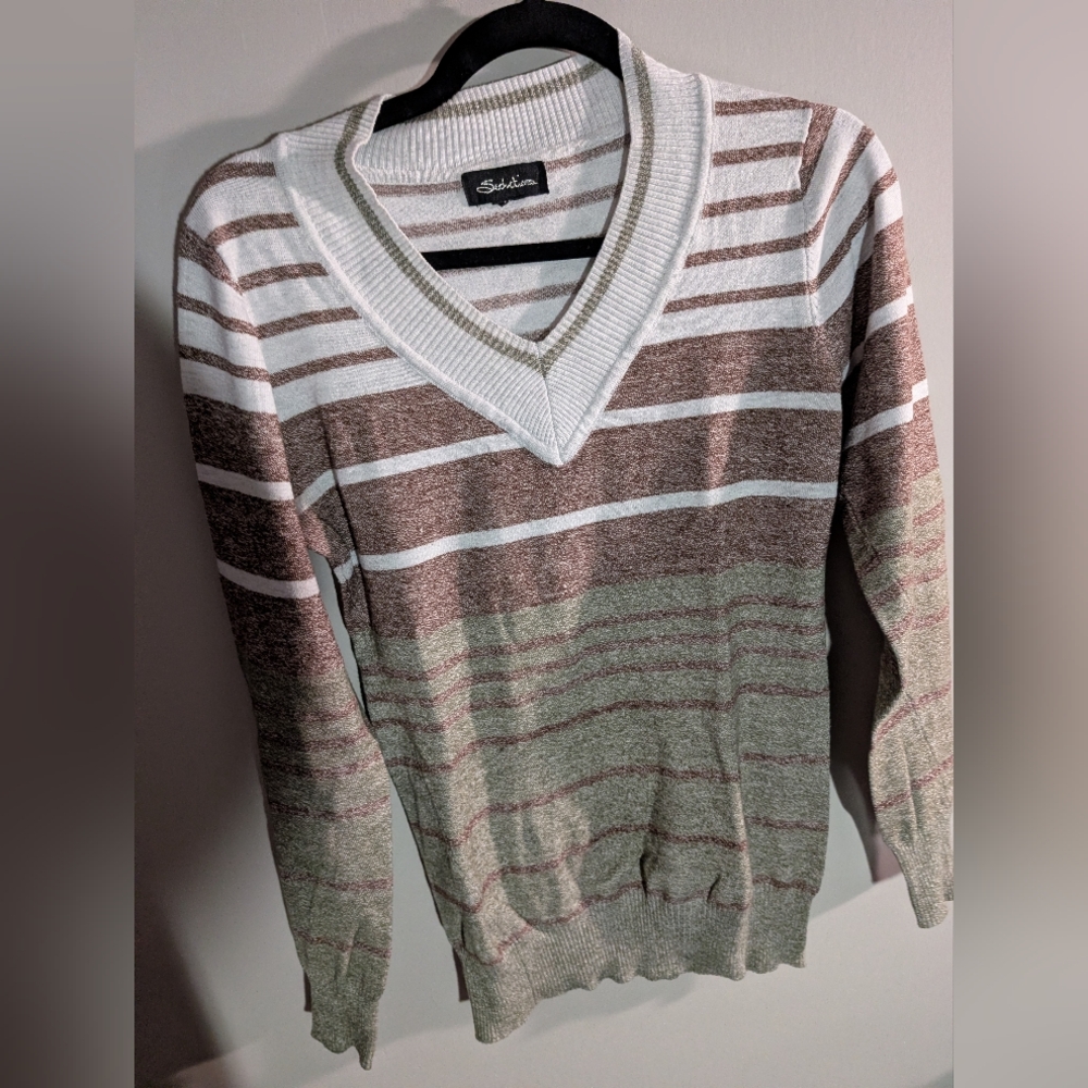 🔵 Seduction V-Neck Sweater - Brown and White Stripes